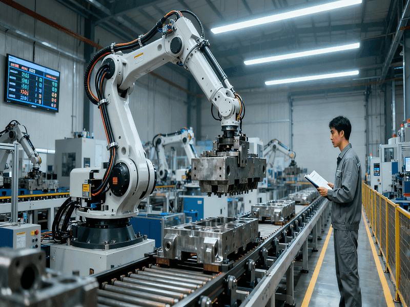 Industrial application scene featuring Jiuju Tech's products, with thermal interface materials and mechanical equipment in the background.