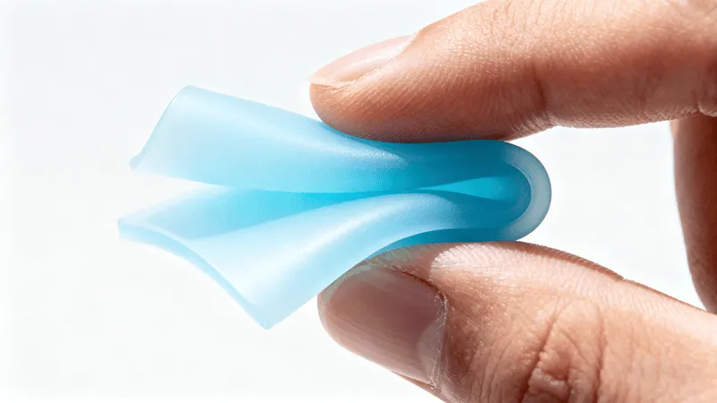 A person's fingers gently holding and bending a soft blue silicone thermal pad, highlighting its flexibility and compressibility.