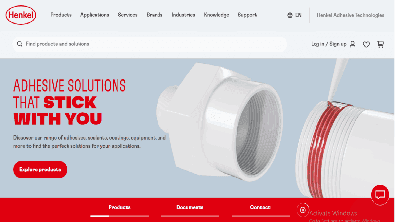 Screenshot of the Henkel website homepage, showing the company logo and a prominent banner for Adhesive Solutions.