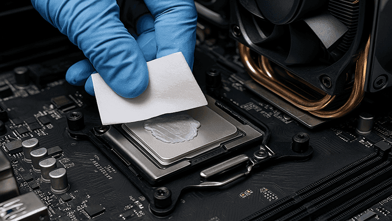 Person cleaning thermal paste from a CPU using a lint-free cloth while wearing gloves.