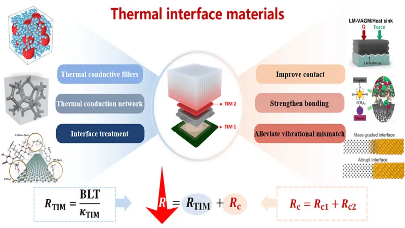 Schematic diagram of thermal interface materials (TIMs) showing heat transfer pathways, thermal resistance components ($R_{TIM}$ and $R_c$), and strategies for improving thermal contact and bonding at the interface.