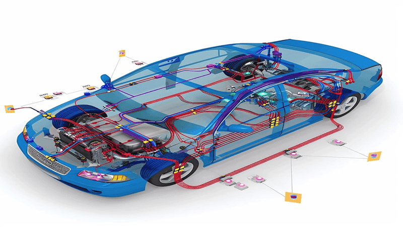 3D diagram of car electrical wiring system: Transparent blue vehicle body displaying internal electrical circuits, wires, and automotive components for automotive engineering and maintenance