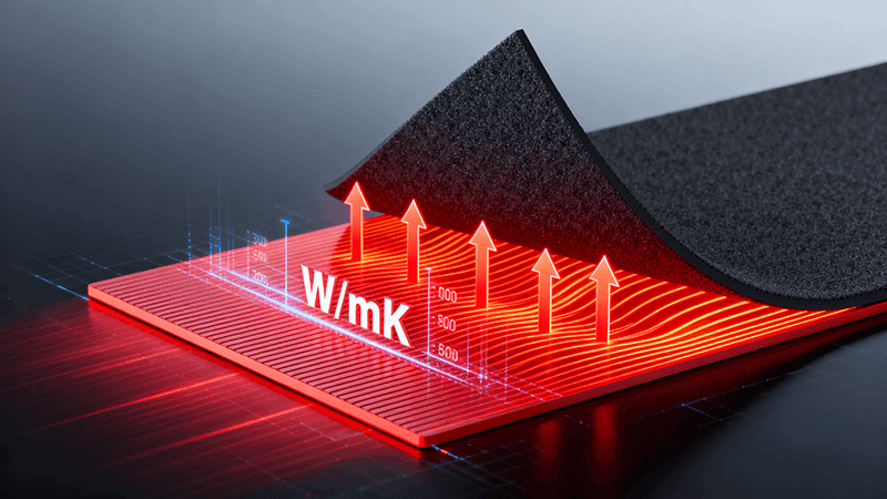 A 3D illustration showing a black graphite thermal pad lifting from a red, glowing surface, with red arrows and