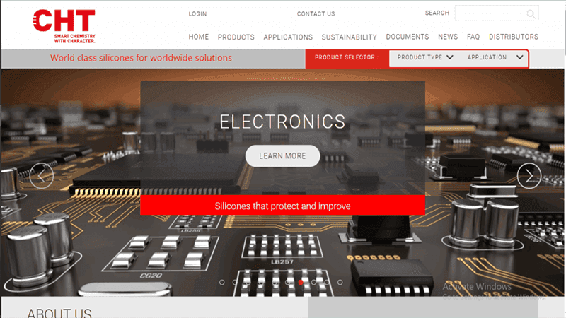 Screenshot of the CHT USA website homepage, with a graphic displaying a computer circuit board and the headline