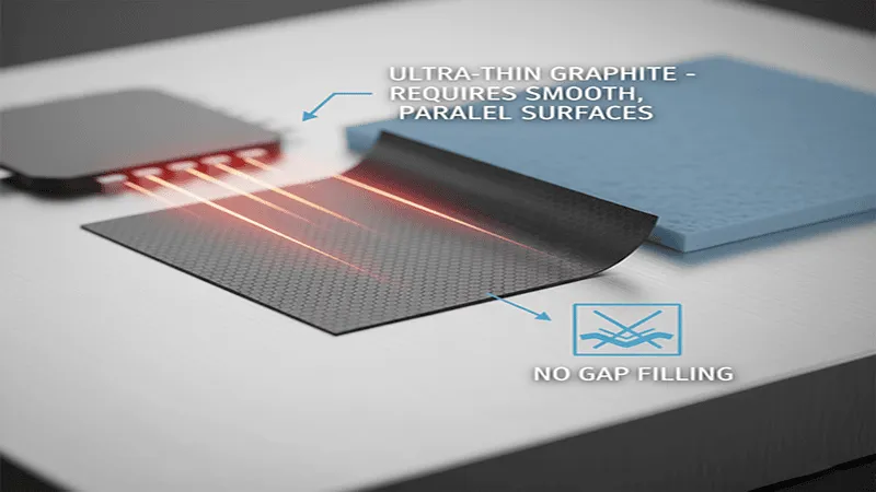 A 3D illustration of a thin graphite thermal pad being peeled away from a microchip, showing its inability to fill air gaps with accompanying text: