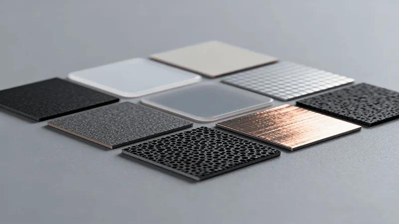 An overhead shot of a grid of various thermal pad samples arranged on a gray surface, showcasing a wide selection of materials, textures, and colors, including silicone, graphite, and copper.