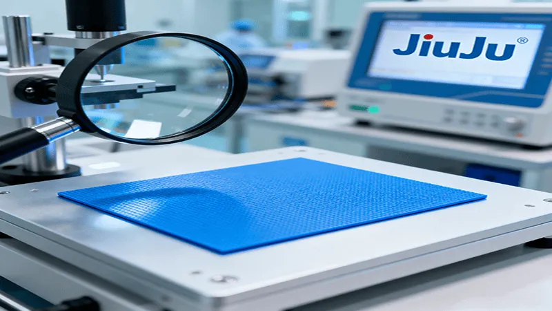 A large blue thermal pad is placed on a laboratory test bench, with a magnifying glass hovering over it for inspection. In the background, a monitor displays the JiuJu brand logo, emphasizing quality control and precision.