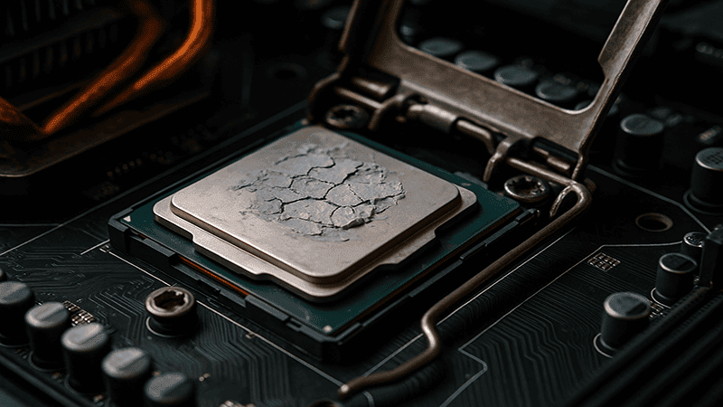 Close-up of a CPU with old, dried thermal paste cracked on the surface.