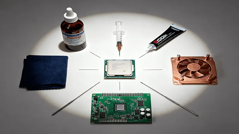 On a clean workbench, the tools needed to apply thermal grease are neatly laid out: a bottle of isopropyl alcohol, a lint-free cloth, a brand new tube of thermal grease, a CPU and a radiator.