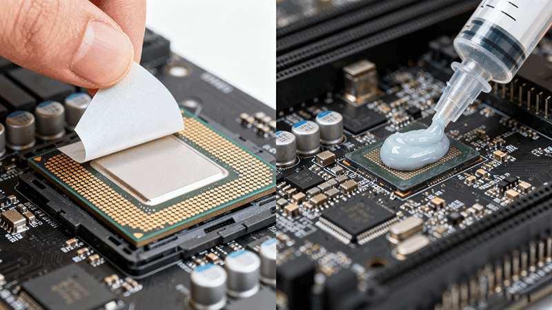 A split-screen image showing the application methods of both thermal pads and thermal paste on a CPU. The left side shows a hand applying a thermal pad, and the right side shows a syringe dispensing thermal paste.