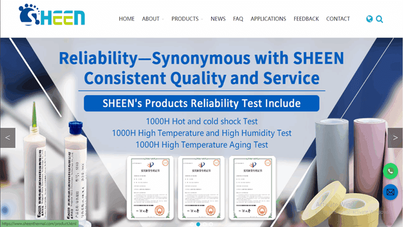 Screenshot of the Sheen Electronic Technology website homepage, displaying various thermal paste and adhesive products along with quality certification documents.