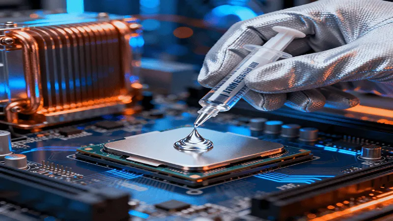 A professional's hand, wearing an anti-static glove, precisely places a drop of silver, high-quality thermal grease onto the central metal cover of a modern CPU. A blurred computer motherboard and copper heat sink are in the background.