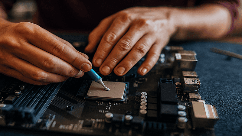 Technician applying new thermal paste onto a CPU on a motherboard using a syringe applicator.