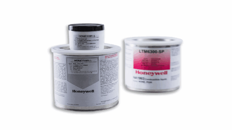 Image of Honeywell thermal interface material products in containers, including PTM 7900-SP or PTM 7950-SP phase change thermal paste, and LTM6300-SP.
