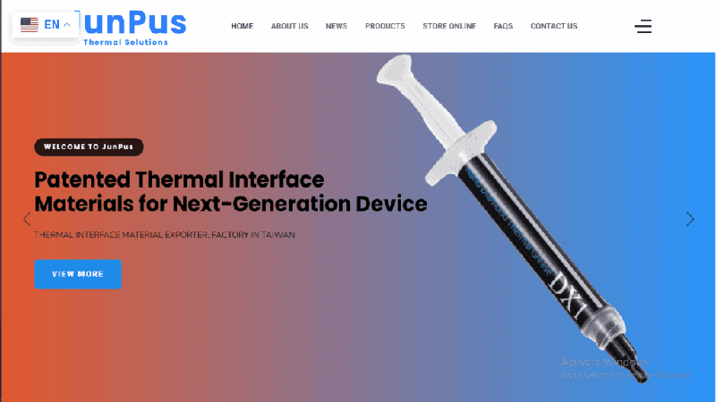 Screenshot of the JunPus Technology website homepage, showing a large image of a thermal paste syringe and the text