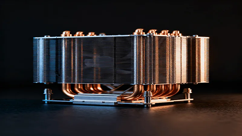 A brand new, high-end CPU cooler with dense copper fins and multiple heat pipes is placed on a dark background. Light shines from the side, highlighting its metallic texture and intricate structure.