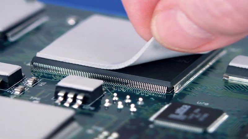A close-up of a finger peeling the protective film from a gray thermal pad placed on top of a black microchip on a circuit board, illustrating the ease of application.