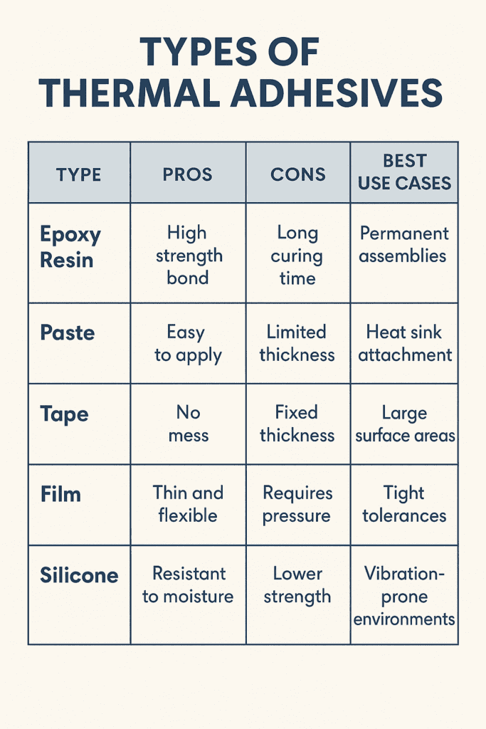 Comparison chart showing different types of adhesives and their application