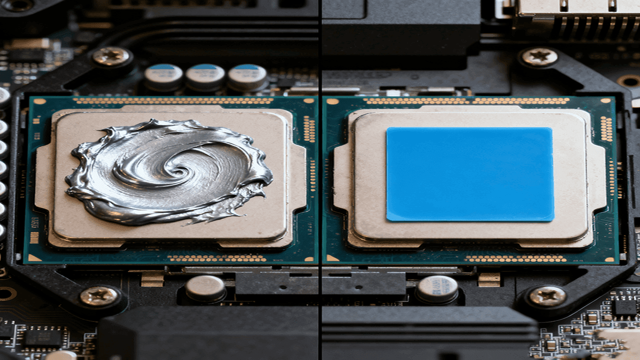 A side-by-side comparison of a CPU with swirled thermal paste on the left and a smooth blue thermal pad on the right, both on a circuit board.